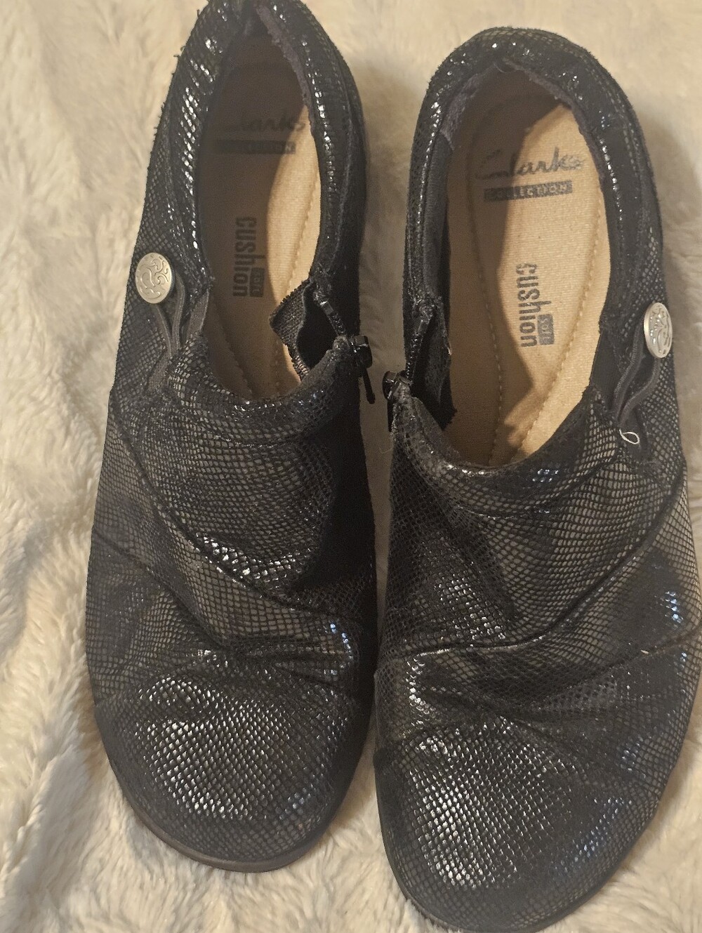 Clarks Womens Black Shimmer Slip-On Shoes